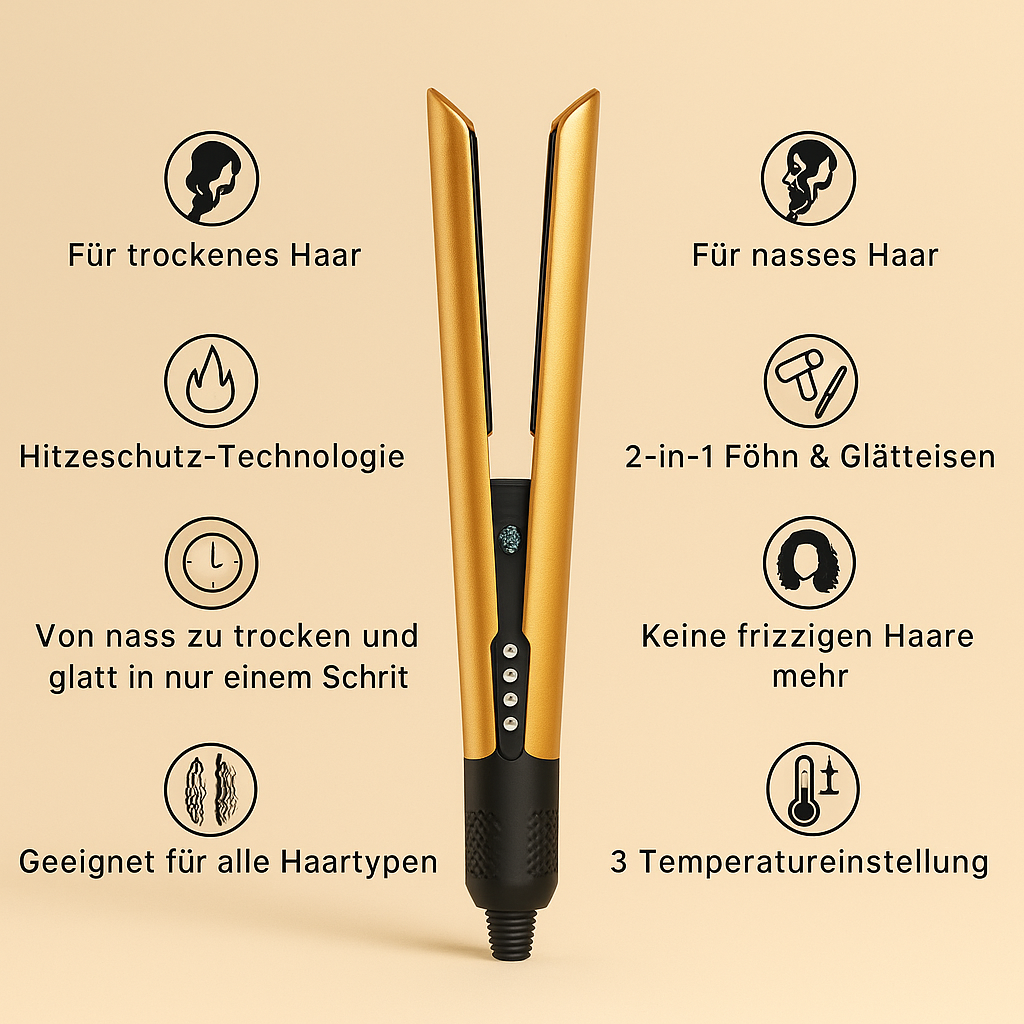2-in-1 Glätteisen & Föhn – Haarglätter mit Ionen-Technologie, Keramikplatten, Schnellaufheizung, für glattes & glänzendes Haar